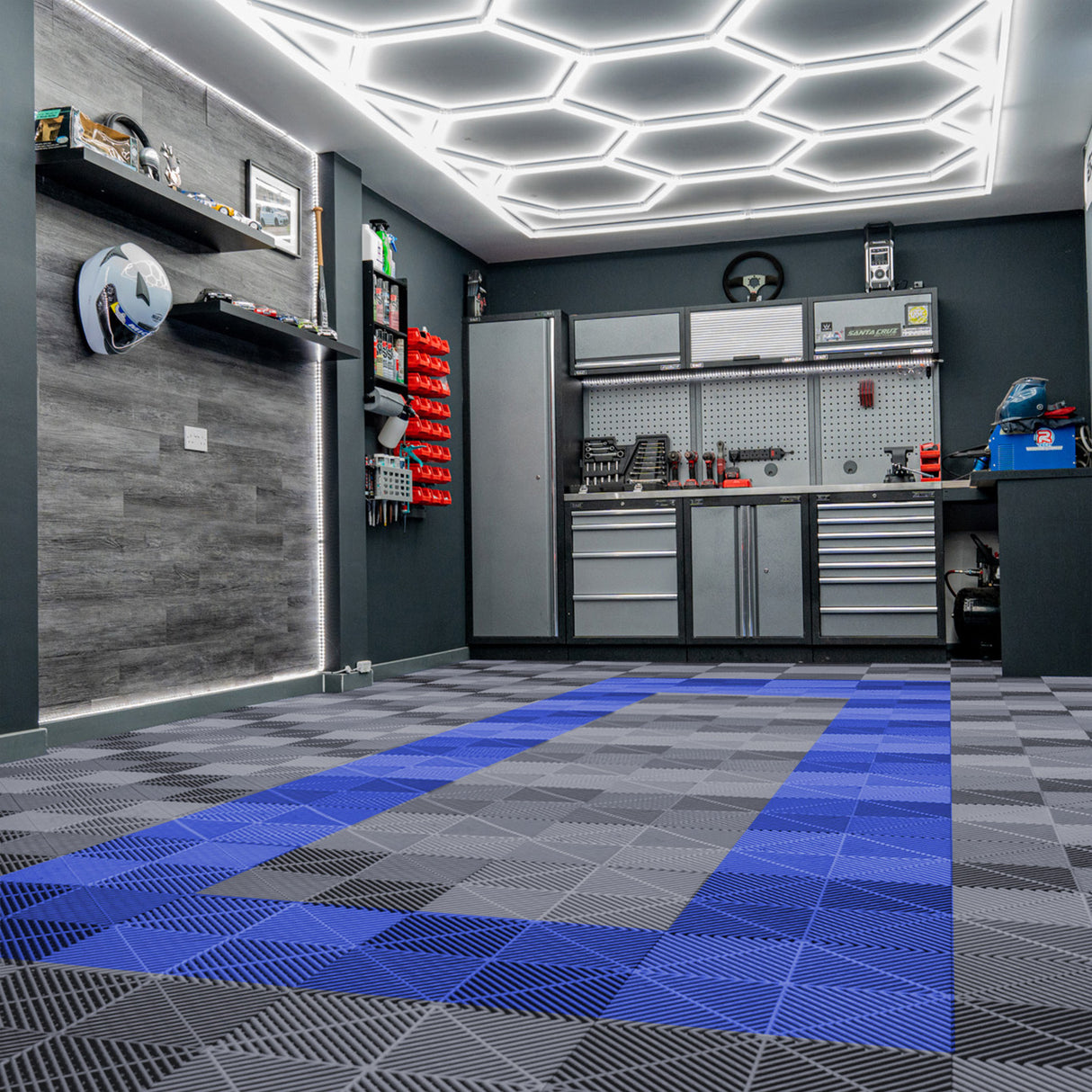 Luci LED Esagonali & Piastrelle Ventilate per Pavimento Garage con Bordi - 90 Grigie & 30 Blu