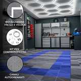 Luci LED Esagonali & Piastrelle Ventilate per Pavimento Garage con Bordi - 90 Grigie & 30 Blu