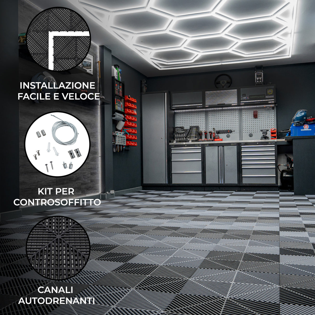 Luci LED Esagonali x 2 & Piastrelle Ventilate per Pavimento Garage x 120 Nere & 120 Grigie con Bordi