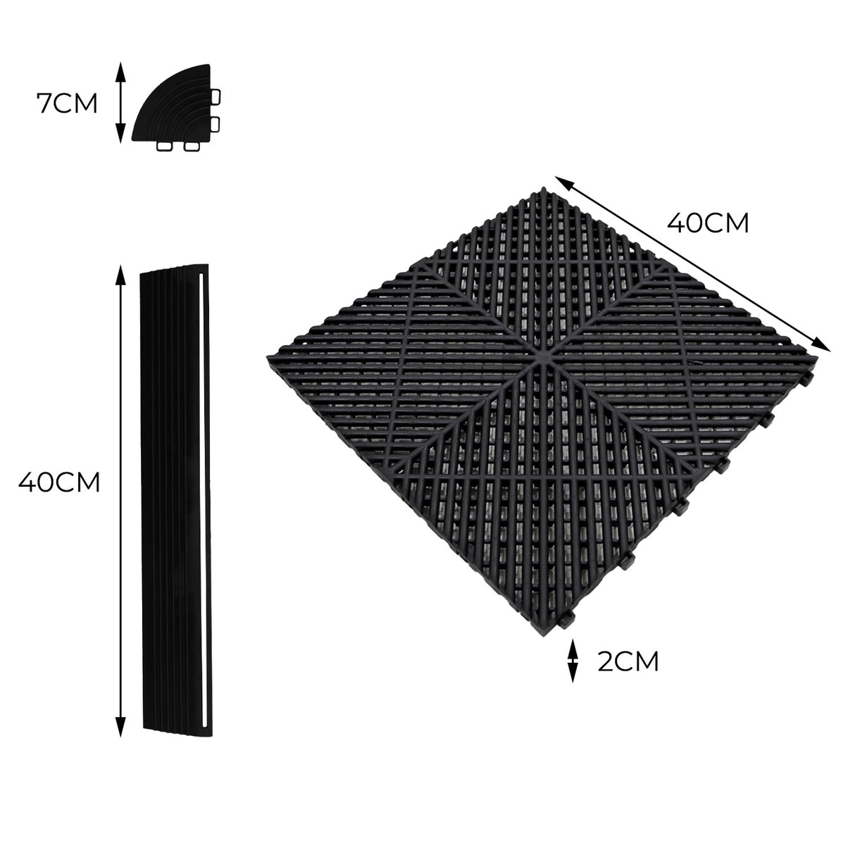 Luci LED Esagonali x 2 e Piastrelle Ventilate per Pavimento Garage con Bordi - 165 Nere & 60 Grigie