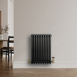Radiatore tradizionale a 4 colonne, 600 x 425 mm, finitura nera lucida con dettagli in ottone, design elegante e moderno