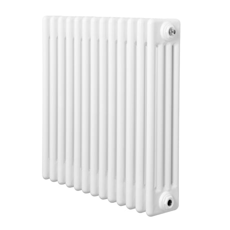 Radiatore tradizionale a 4 colonne, bianco lucido, con finitura liscia e design elegante, misura 600 x 605 mm, ideale per riscaldamento