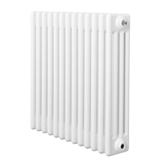 Radiatore tradizionale a 4 colonne, bianco lucido, con finitura liscia e design elegante, misura 600 x 605 mm, ideale per riscaldamento