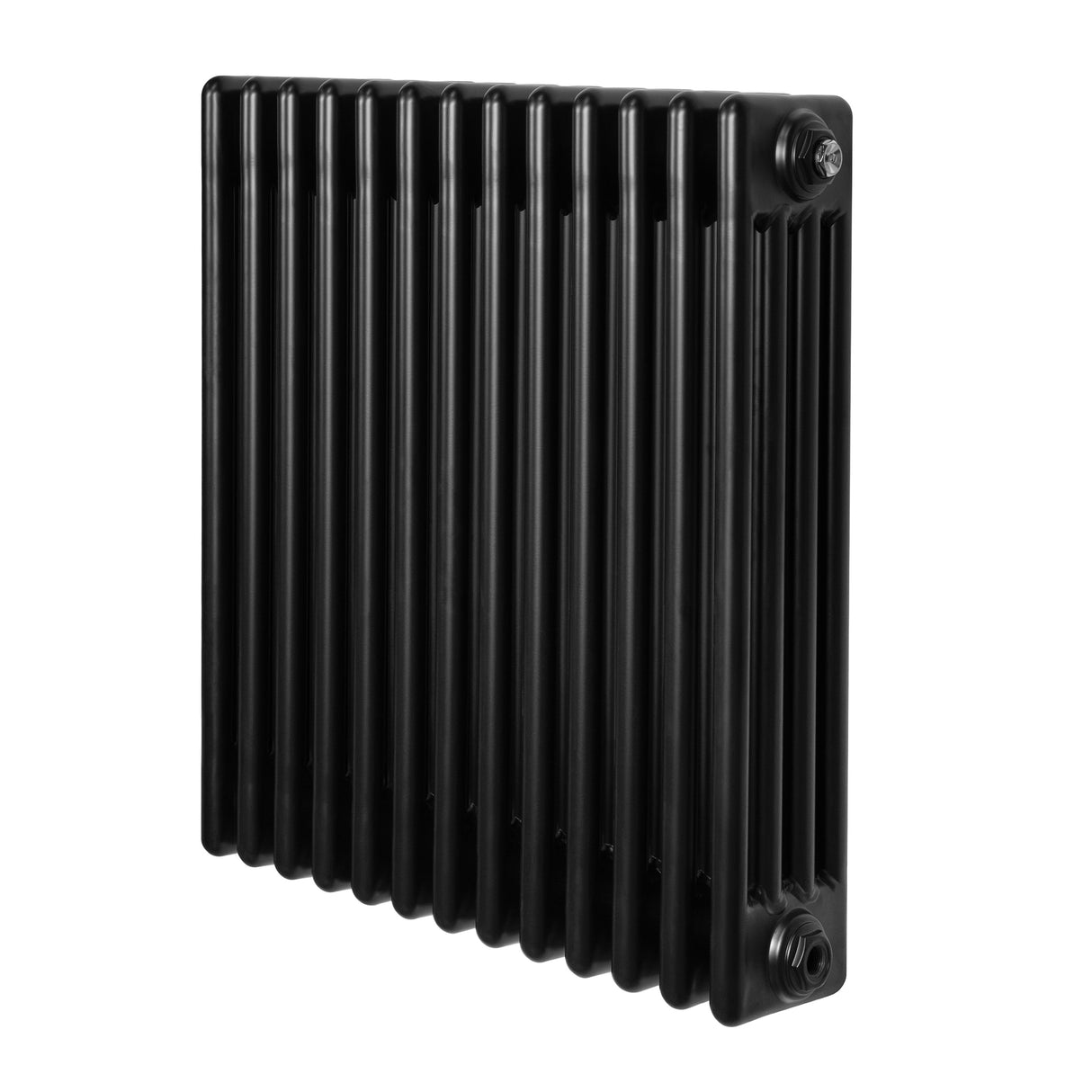 Radiatore tradizionale a 4 colonne, 600 x 605 mm, finitura nera lucida, design elegante e linee verticali, ideale per riscaldamento interno