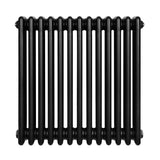 Radiatore tradizionale a 4 colonne, 600 x 605 mm, in elegante finitura nera, con tubi rotondi e superficie liscia e lucida