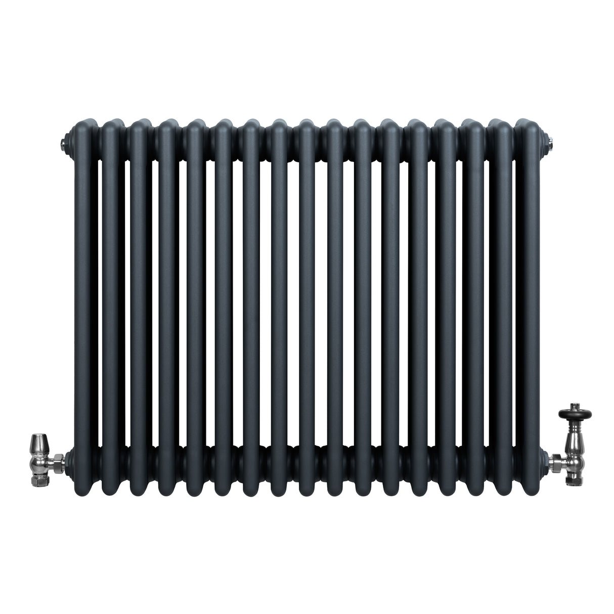 Radiatore tradizionale orizzontale a 4 colonne in grigio antracite, con finitura liscia e valvole metalliche ai lati