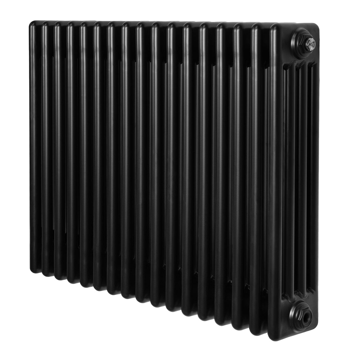 Radiatore tradizionale orizzontale a 4 colonne, 600 x 785 mm, finitura nera lucida, con superficie liscia e design elegante