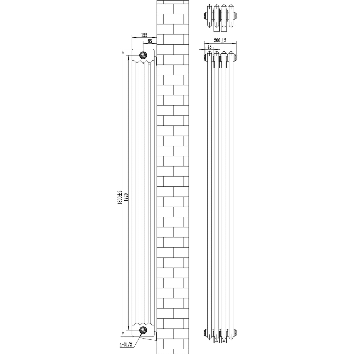 Radiatore tradizionale verticale a 4 colonne, 1800 x 200 mm, colore antracite, con finitura liscia e design elegante per interni moderni