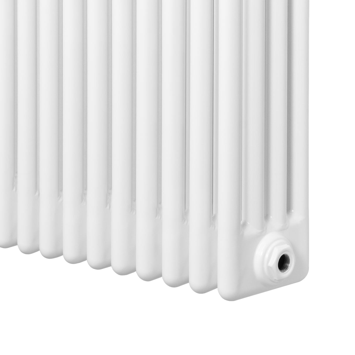 Radiatore tradizionale verticale a 4 colonne, bianco lucido, con finitura liscia e raccordo per l'installazione visibile