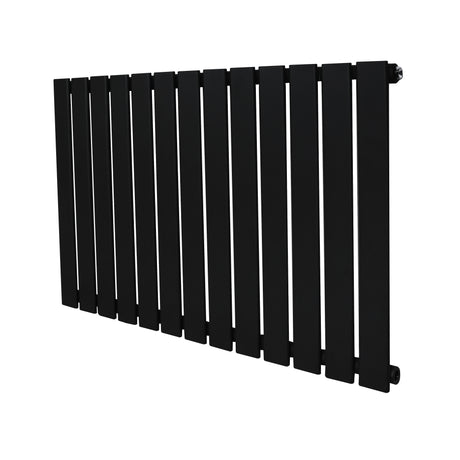 Radiatore piatto a colonna singola orizzontale 600 x 910 mm, finitura nera opaca, design moderno con barre sottili e linee eleganti