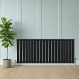Radiatore piatto a colonna singola orizzontale 600 x 1400 mm di colore nero, con finitura liscia e design moderno, posizionato accanto a una pianta in vaso