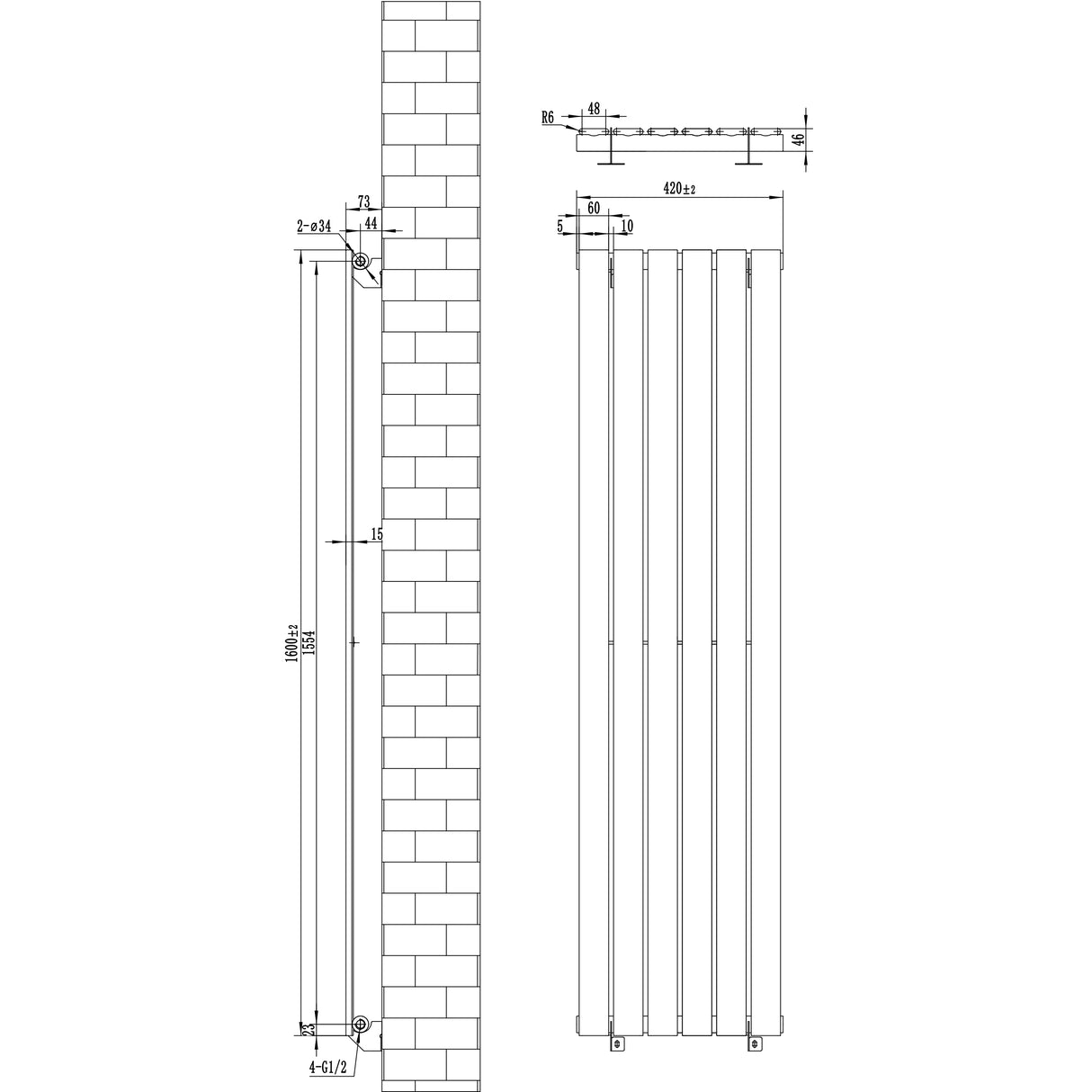 Radiatore piatto a colonna singola verticale 1600 x 420 mm in antracite, con design elegante e linee pulite, ideale per spazi moderni
