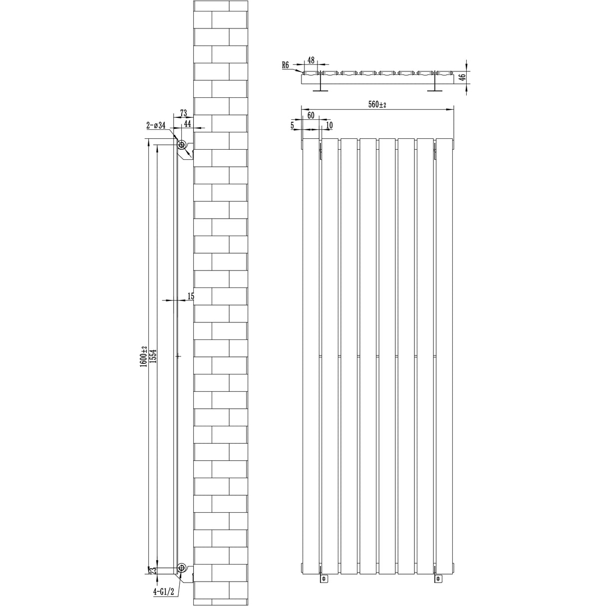 Radiatore piatto a colonna singola verticale antracite, dimensioni 1600 x 560 mm, con design elegante e linee moderne, ideale per riscaldamento efficace