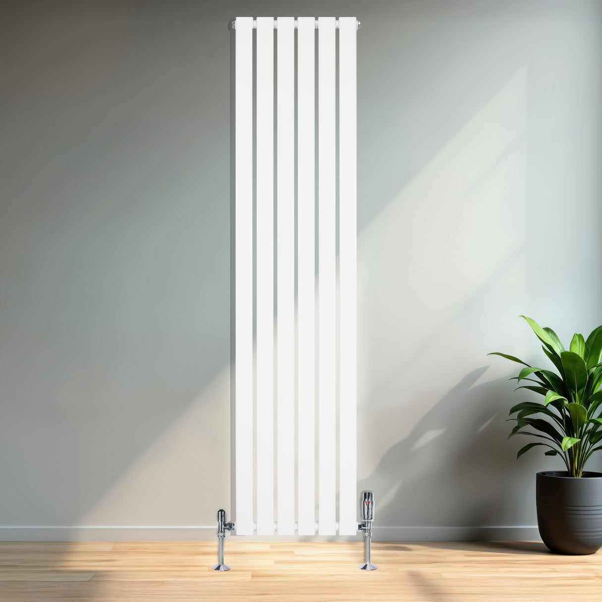 Radiatore piatto a colonna singola verticale bianco, 1800 x 420 mm, con finitura liscia e moderna, posizionato in un ambiente luminoso