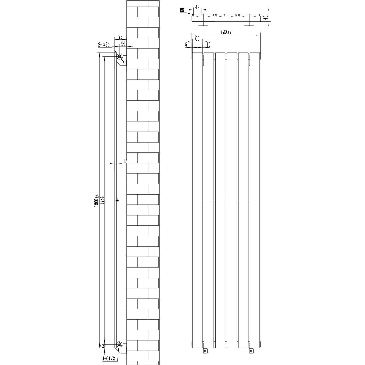 Radiatore verticale a colonna singola, bianco, con dimensioni 1800 x 420 mm, design elegante e linee moderne per un riscaldamento efficiente