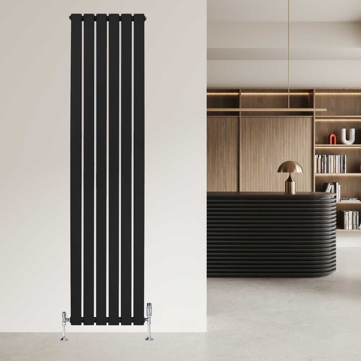 Radiatore verticale a colonna singola, 1800 x 420 mm, colore nero opaco, design moderno con finitura liscia e linee eleganti