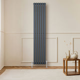 Radiatore ovale a colonna singola verticale 1800 x 360 mm in antracite, con finitura liscia e design elegante, posizionato su parete chiara