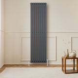 Radiatore ovale a colonna singola verticale 1800 x 480 mm in antracite, con finitura liscia e design elegante, posizionato su parete chiara