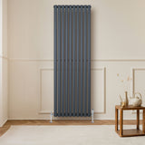 Radiatore ovale a colonna singola verticale 1800 x 600 mm in antracite, con finitura liscia e design moderno, posizionato in un ambiente elegante