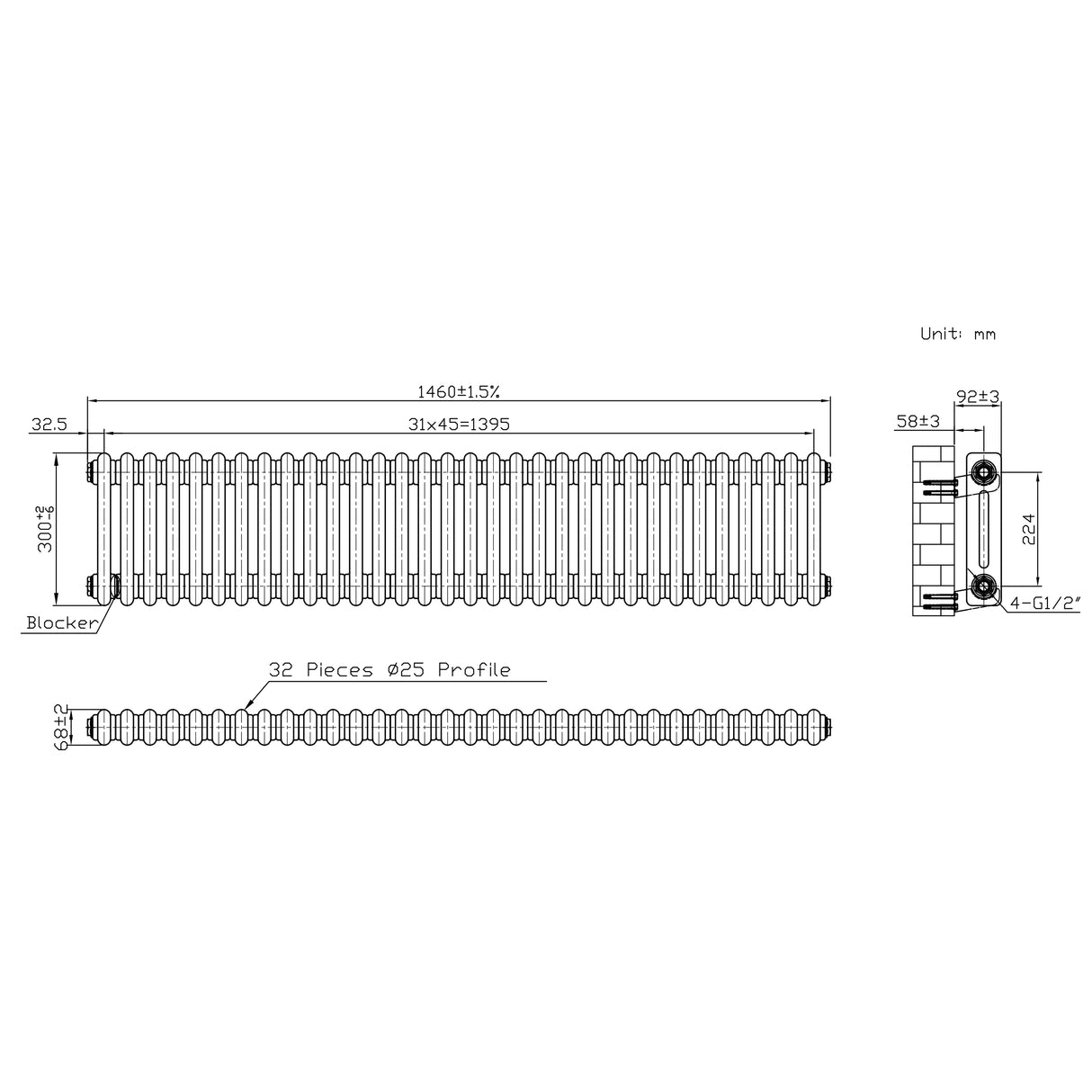 Radiatore Tradizionale 2 Colonne - 300 x 1460 mm - Metallo Grezzo