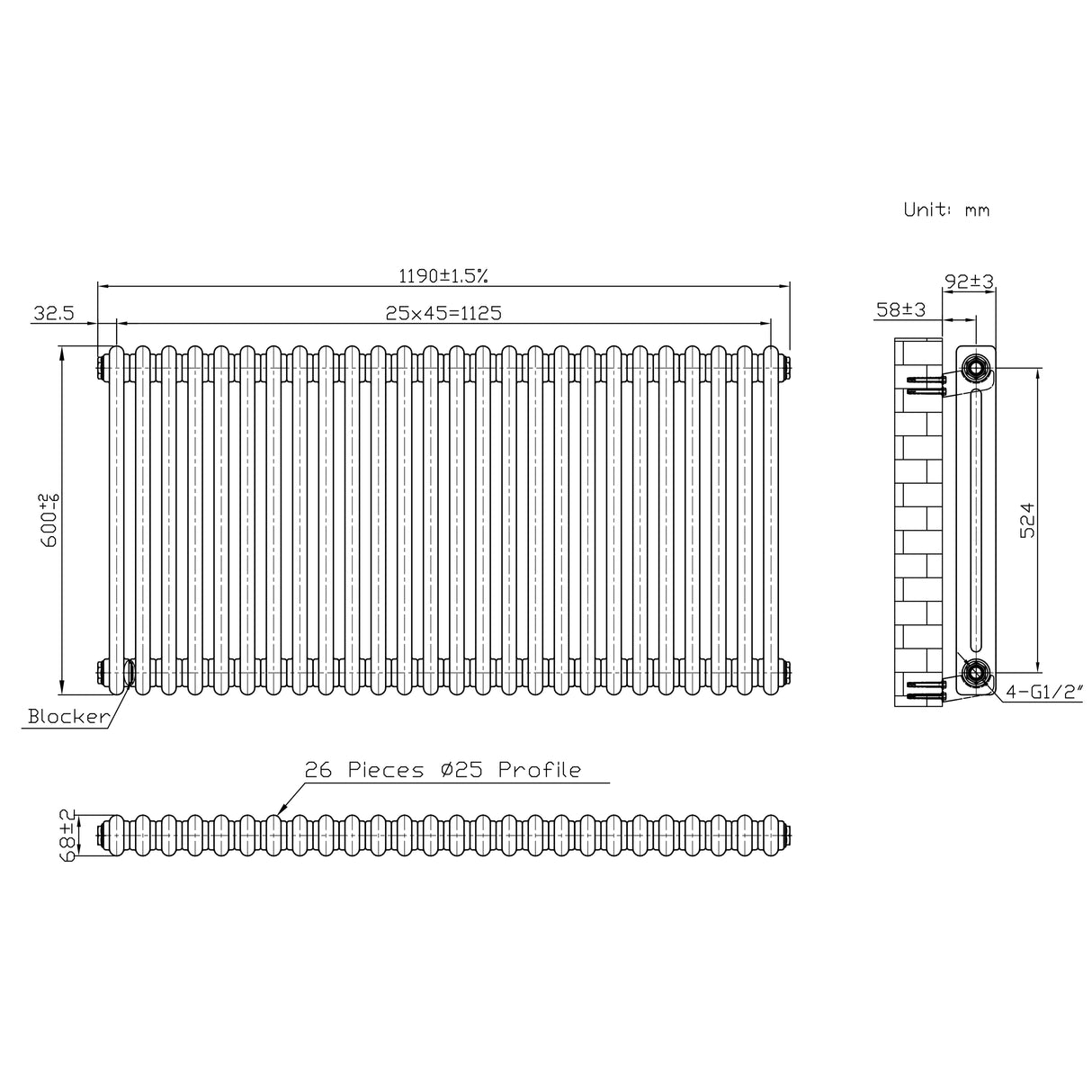 Radiatore Tradizionale 2 Colonne - 600 x 1190 mm - Metallo Grezzo