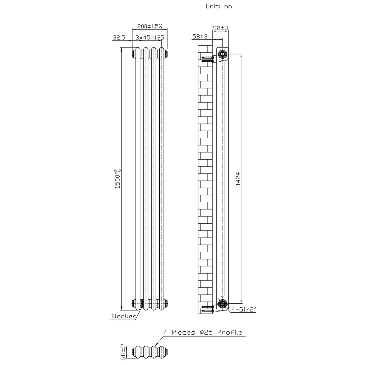 Radiatore Tradizionale 2 Colonne - 1500 x 200 mm - Metallo Grezzo