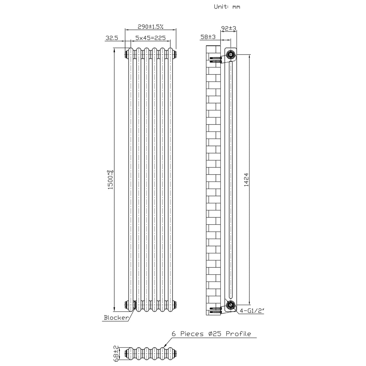 Radiatore Tradizionale 2 Colonne - 1500 x 290 mm - Metallo Grezzo