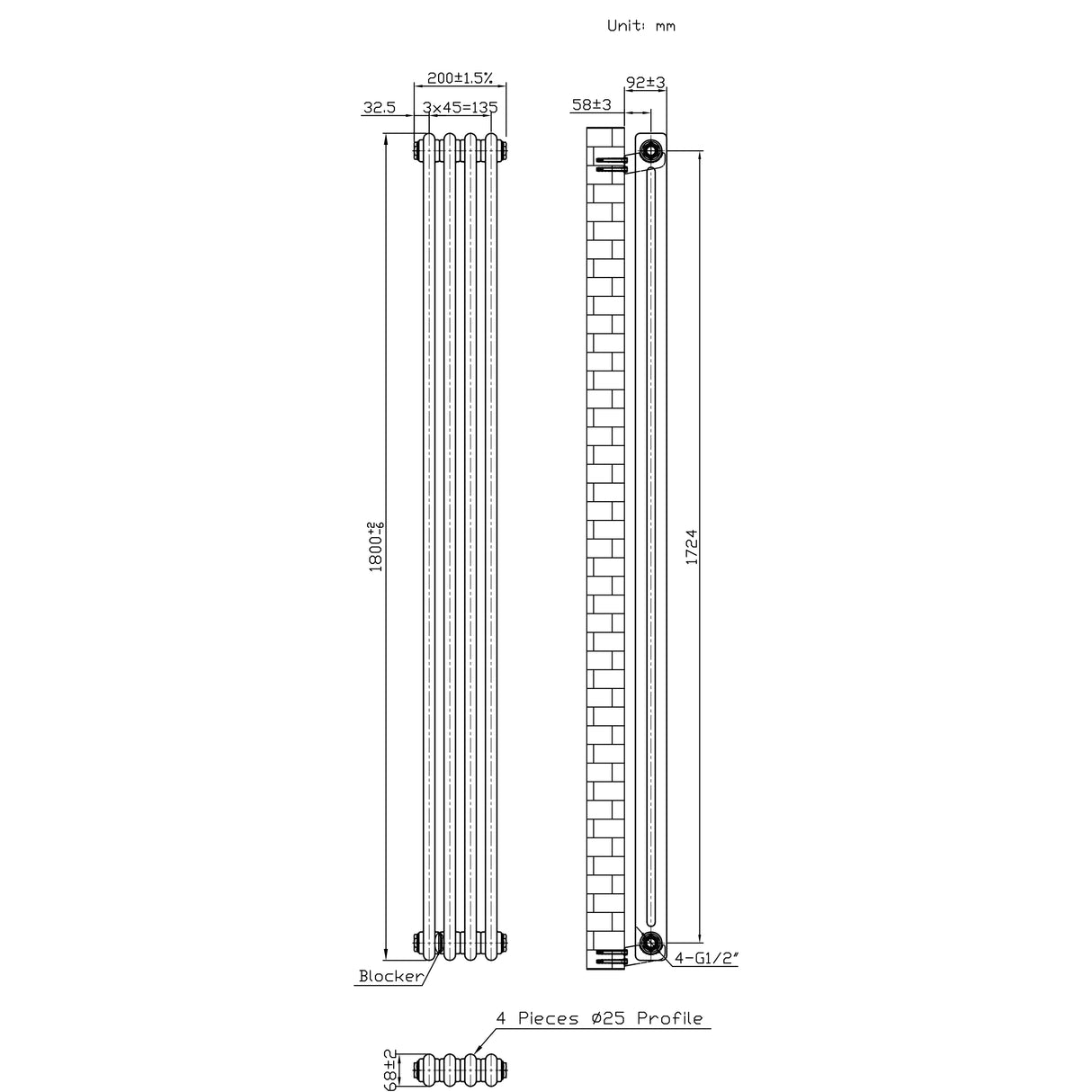 Radiatore Tradizionale 2 Colonne - 1800 x 200 mm - Metallo Grezzo