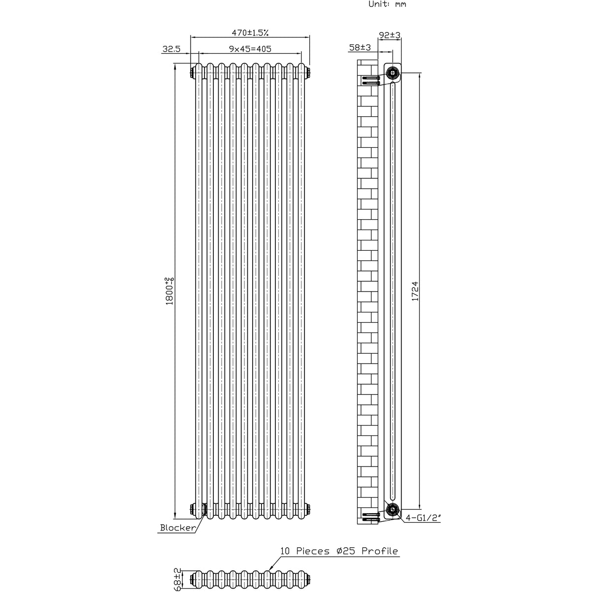Radiatore Tradizionale 2 Colonne - 1800 x 470 mm - Metallo Grezzo