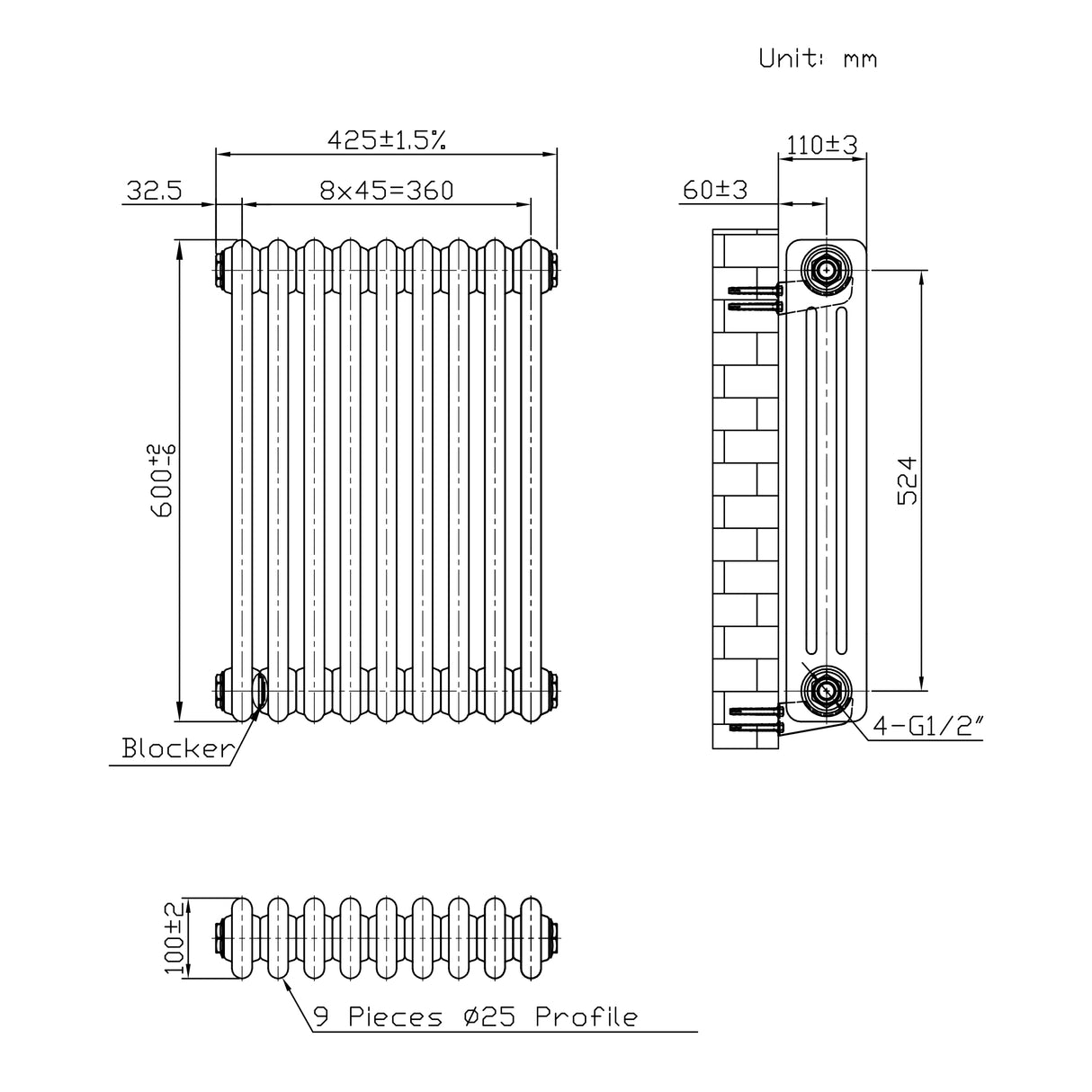 Radiatore Tradizionale 3 Colonne - 600 x 425 mm - Metallo Grezzo