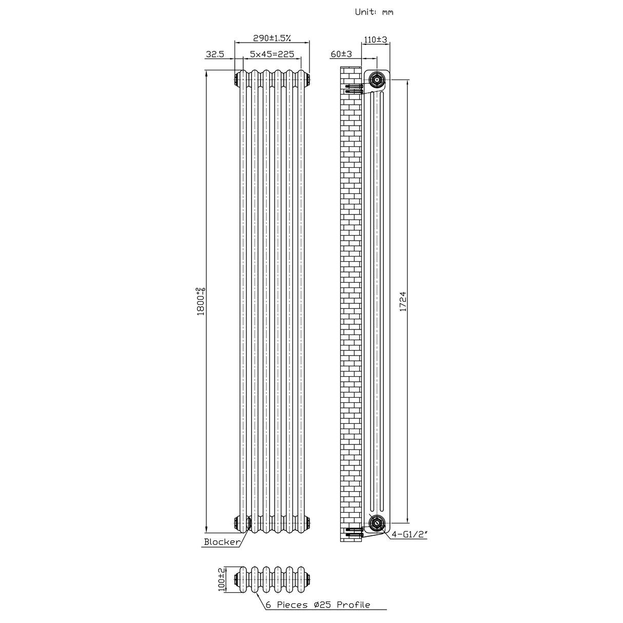 Radiatore Tradizionale 3 Colonne - 1800 x 290 mm - Metallo Grezzo