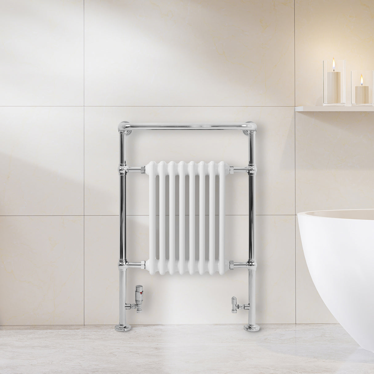 Radiatore Scaldasalviette Tradizionale 950 x 660 mm Bianco con Barra Cromata