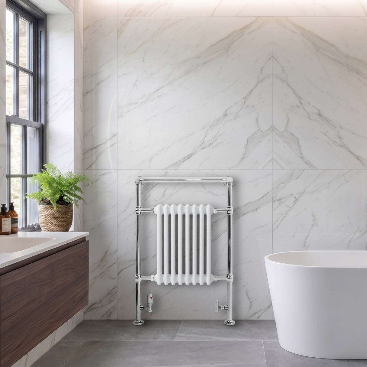Radiatore Scaldasalviette Tradizionale 950 x 660 mm Bianco con Barra Cromata