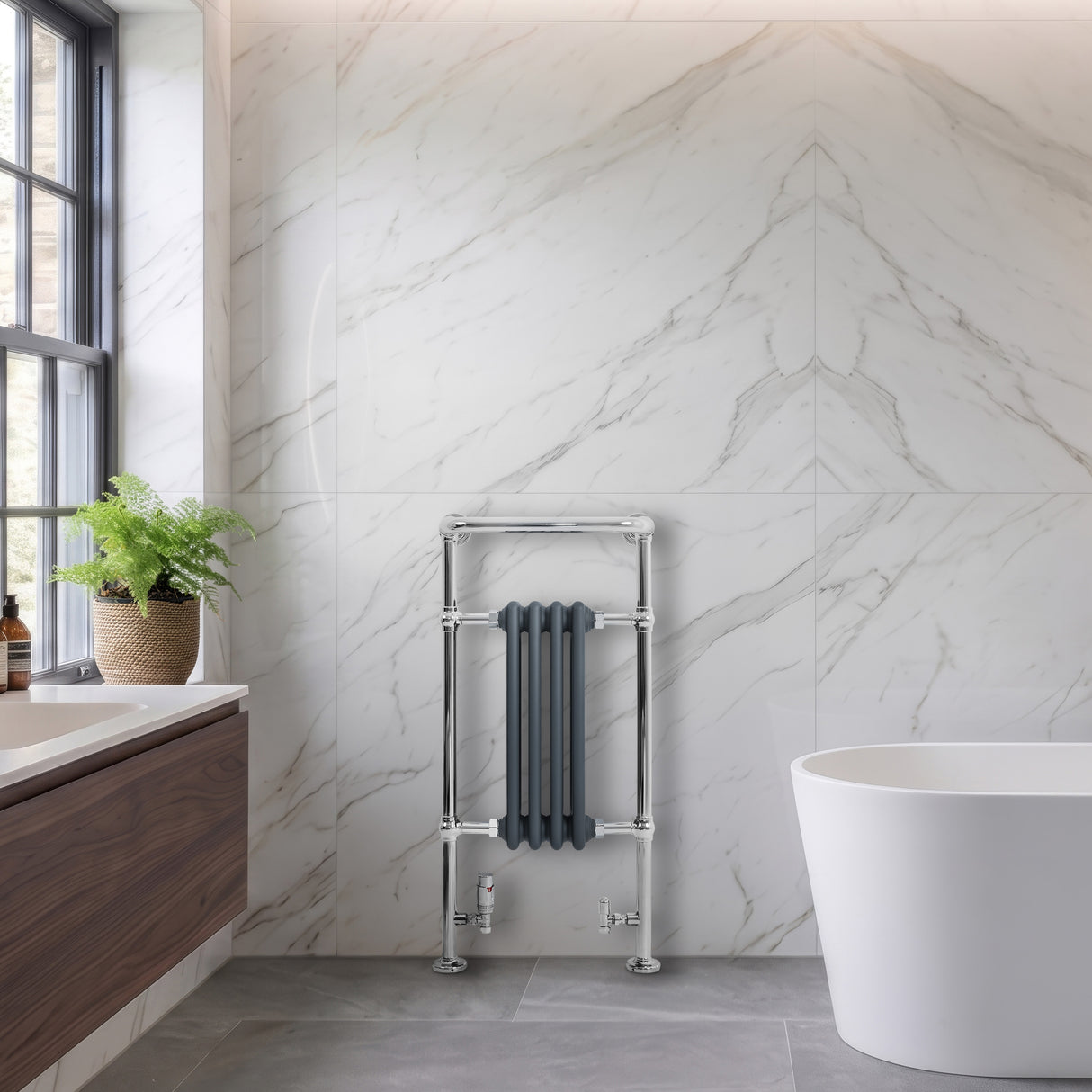 Radiatore Scaldasalviette Tradizionale 950 x 480 mm Grigio Antracite con Barra Cromata