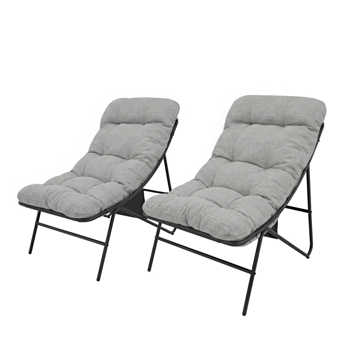 Due poltrone reclinabili grigie con cuscini morbidi e struttura nera, ideali per il relax all'aperto o in giardino