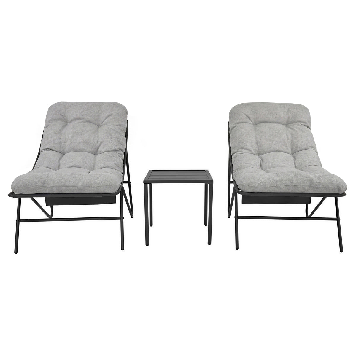 Set bistro da giardino grigio con due poltrone imbottite e tavolino in metallo, design moderno e accogliente per esterni