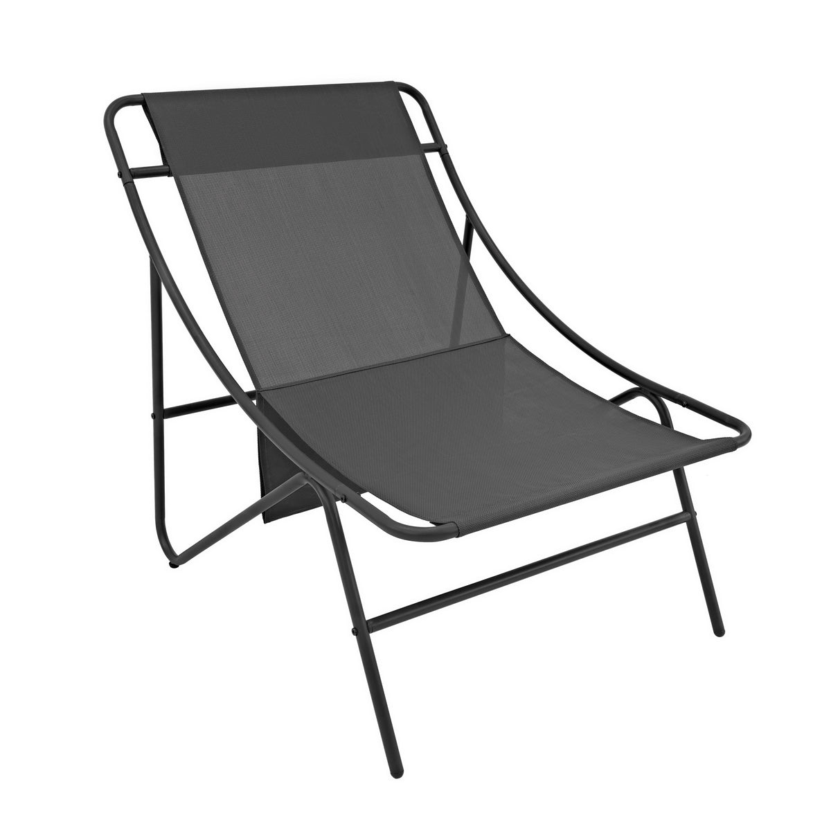 Sedia da esterno in metallo nero con seduta in tessuto grigio, design moderno e linee eleganti, perfetta per giardini e terrazze