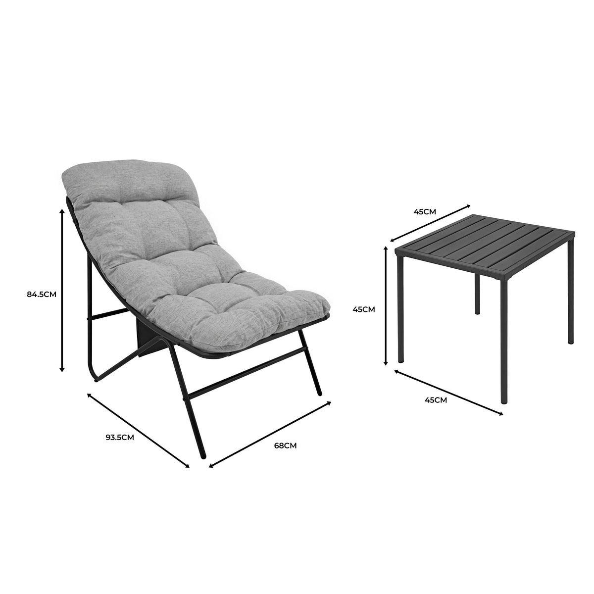 Poltrona reclinabile grigia con cuscini imbottiti e tavolino nero in metallo, misure indicate, design moderno e confortevole