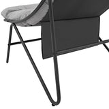 Sedia moderna con struttura in metallo nero, cuscino grigio chiaro e design minimalista, ideale per interni ed esterni eleganti
