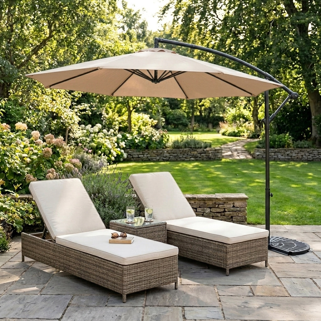 Ombrellone Decentrato 3m Beige con Base a Ventaglio 2 Pesi