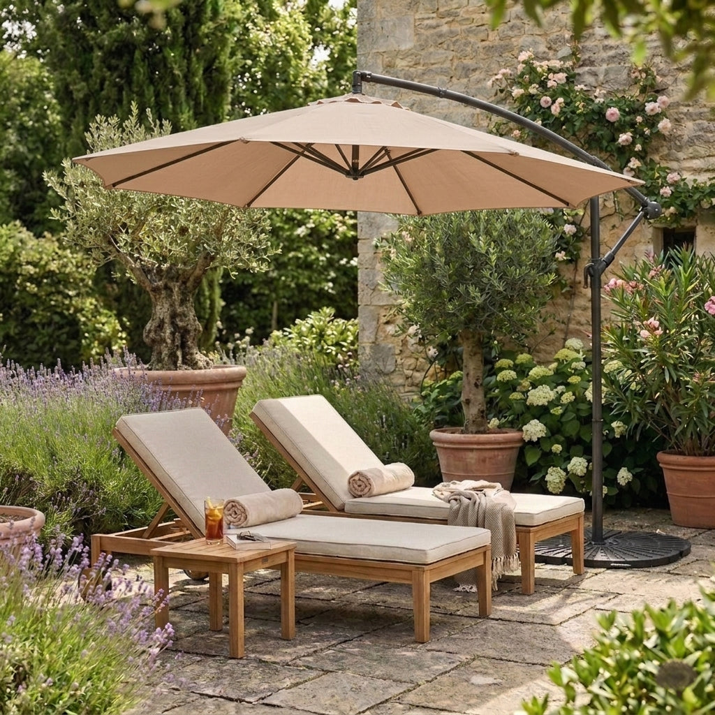 Ombrellone Decentrato 3m Beige con Base a Ventaglio 4 Pesi