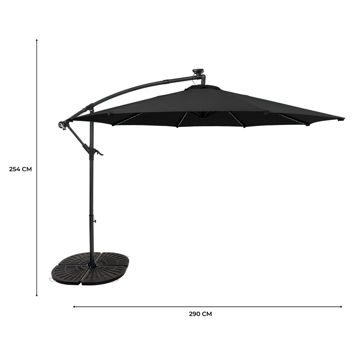 Ombrellone Decentrato LED 3m Nero con Base a Ventaglio 4 Pesi