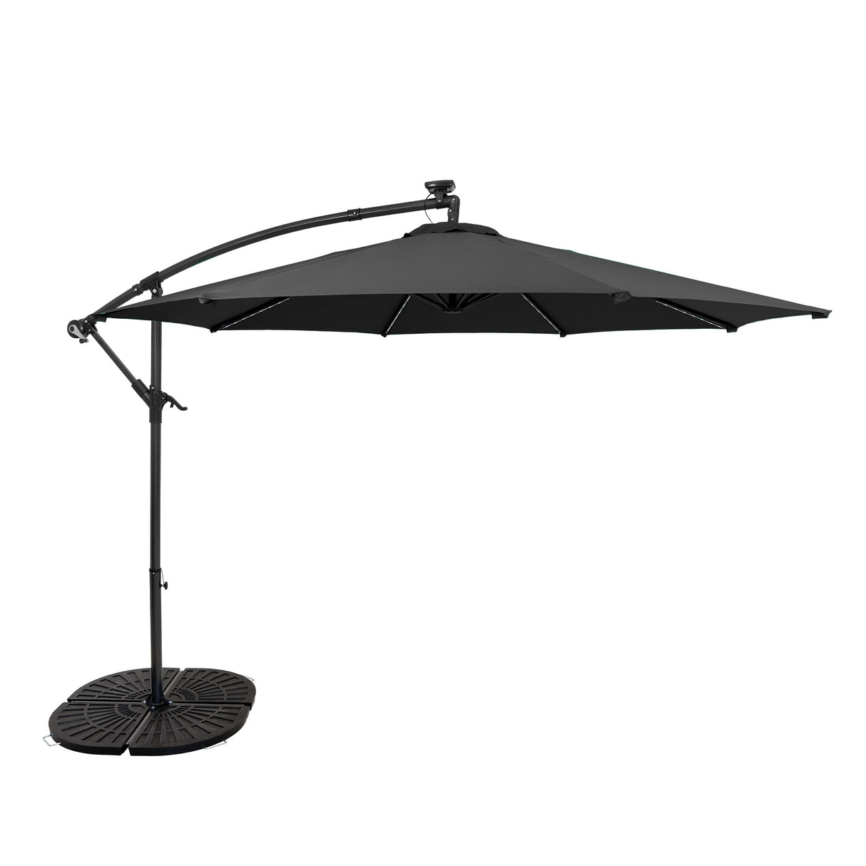 Ombrellone Decentrato LED 3m Grigio con Base a Ventaglio 4 Pesi