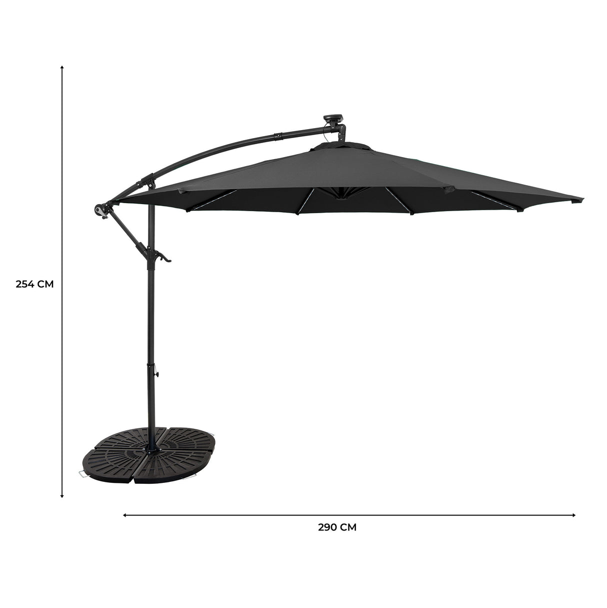 Ombrellone Decentrato LED 3m Grigio con Base a Ventaglio 4 Pesi