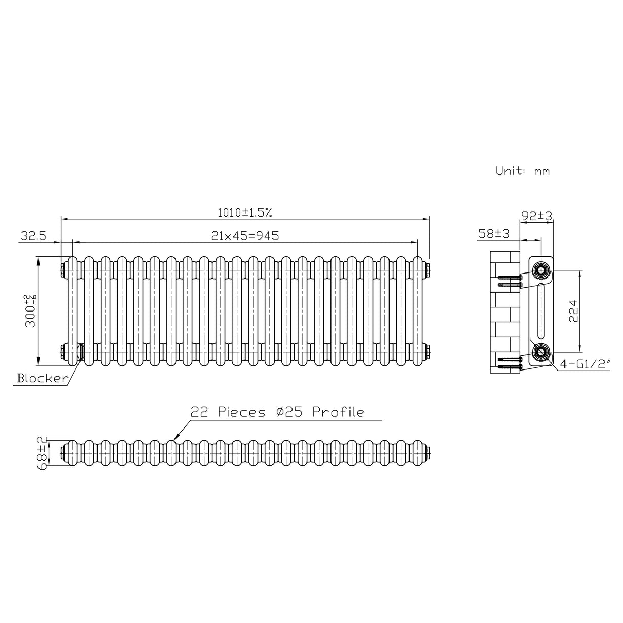 Radiatore Tradizionale a 2 Colonne con Valvole - 300 x 1010 mm - Metallo Grezzo