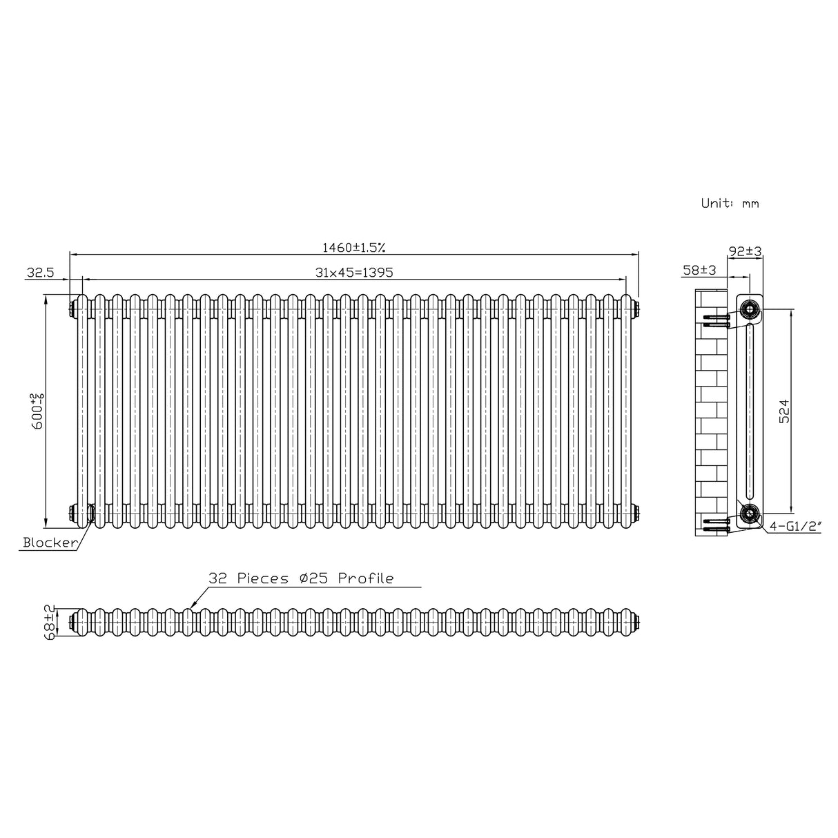 Radiatore Tradizionale a 2 Colonne con Valvole - 600 x 1460 mm - Metallo Grezzo