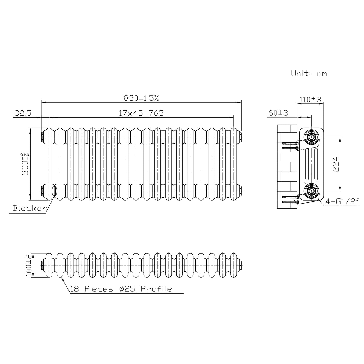 Radiatore Tradizionale a 3 Colonne con Valvole - 300 x 830 mm - Metallo Grezzo