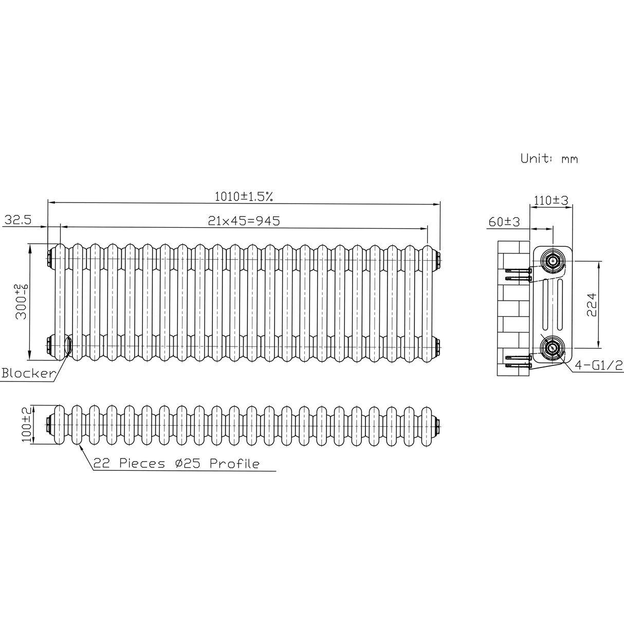 Radiatore Tradizionale a 3 Colonne con Valvole - 300 x 1010 mm - Metallo Grezzo