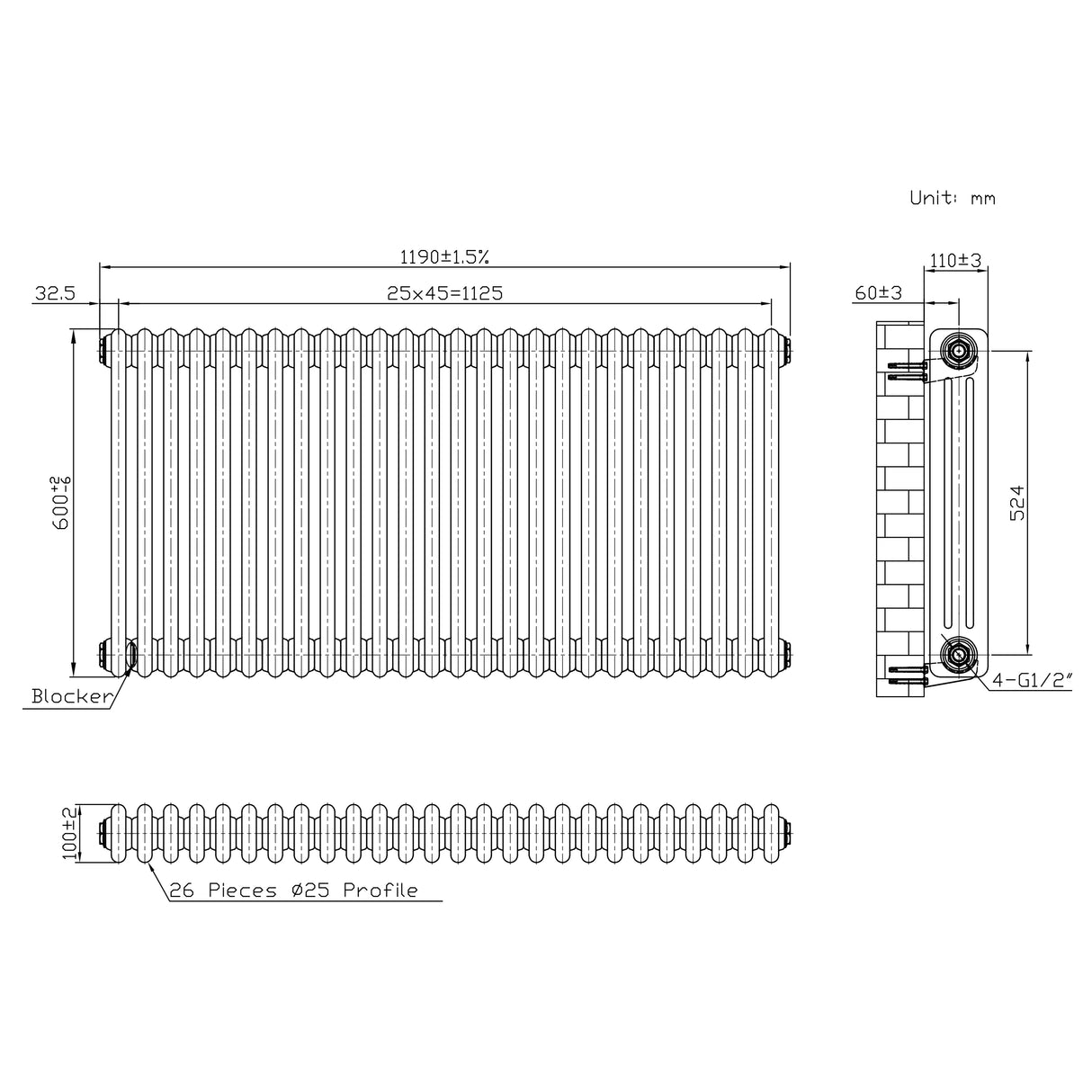 Radiatore Tradizionale a 3 Colonne con Valvole - 600 x 1190 mm - Metallo Grezzo