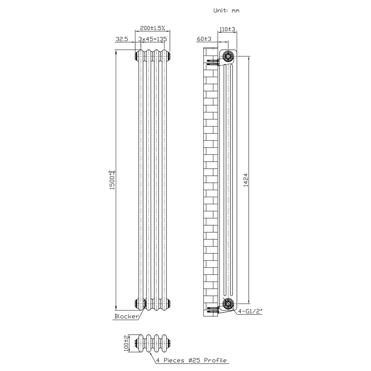 Radiatore Tradizionale a 3 Colonne con Valvole - 1500 x 200 mm - Metallo Grezzo